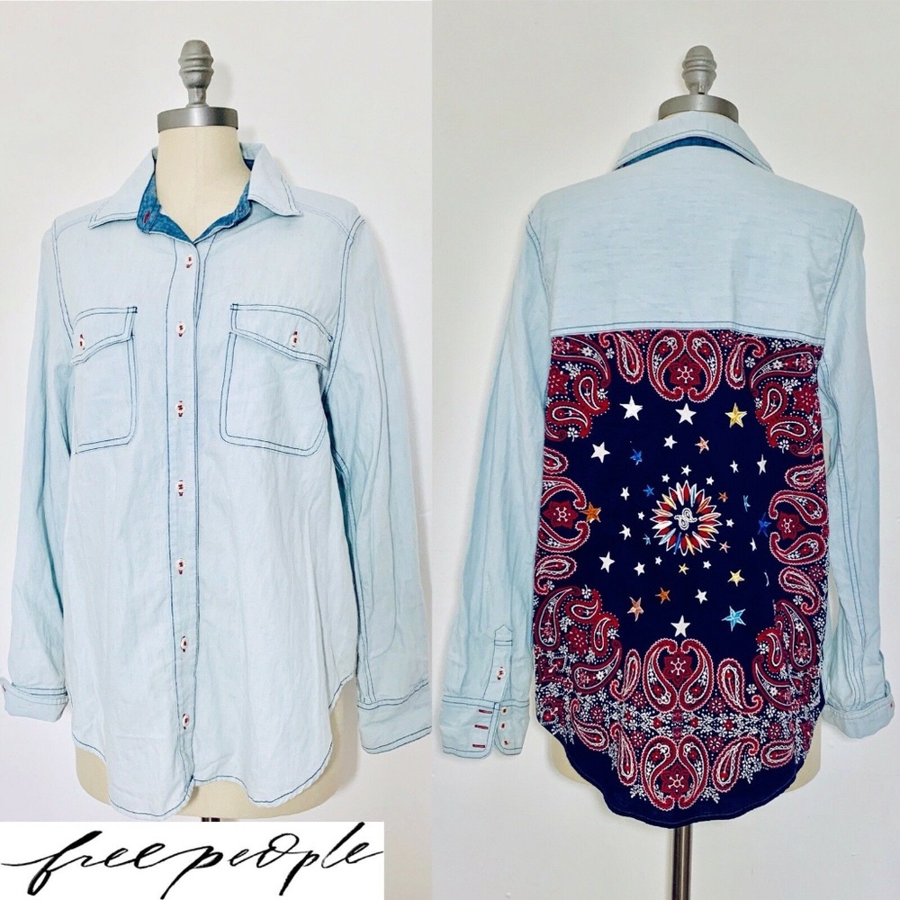 new without tags Free People Bandana Bandit Denim shirt Button Down l large